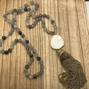 Gray Tone Agate Beaded with Gold Tone Tassel BOHO Necklace